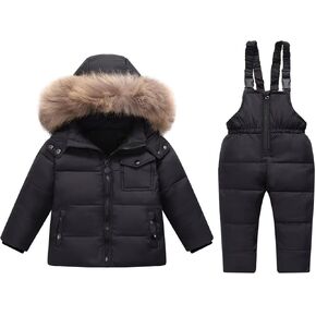 Baby Snowsuit Toddler Winter Hooded Artificial Fur Down Boys Girls Jacket Coat and Ski Bib Pants Warm Fashion Outwear