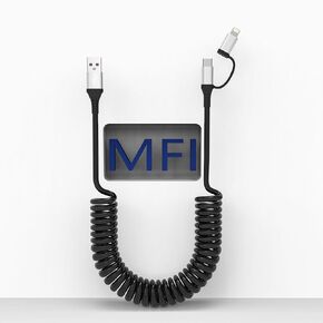 USB to USB C and Lightning Cable 2 in 1 - Coiled Cable for Apple CarPlay & Android Auto, Car iPhone Charger Cord 3A Fast Charging & Data Sync iPhone and USBC Cable 3Ft, White
