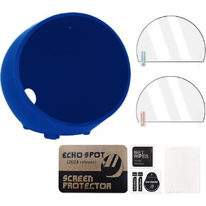 2 in 1 protective accessories for echo spot 2024, Soft silicone case & 2 pack screen protectors for echo spot(2024 release),Protection Against Ccratches, Dust, Shockproof, Anti-drop (Black)