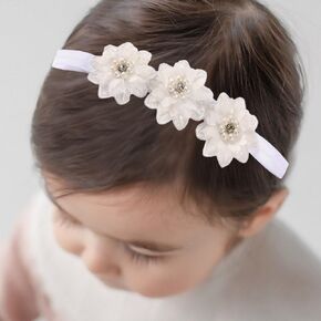Bethynas White Flower Lace Elastic Headband for Baby Girls Floral Baptism Christening Toddler Hairband Infant Flower Pearl Birthday Party Hair Accessory for Newborn Girl (White)