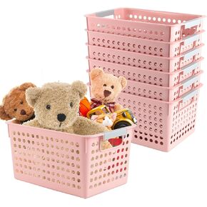 ZOENHOU 7 Pack 10.7 x 7.5 x 5.6 Inch Pink Plastic Storage Baskets, Stackable and Strong Decorative Woven Plastic Containers with Handles, Weaving Organizing Basket for Kitchen, Kids Room, Office