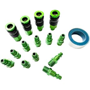 Air Hose Fittings, Aluminum AMT Universal Air Coupler Air Plug Kit, 1/4 Inch Threads Size, Lightweight, 15 Pieces Air Compressor Accessories Fittings Kit - Green