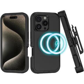 Compatible with iPhone 16 Pro Max Case, with Belt Clip Holster Heavy Duty Magnetic Wireless Charging Full Body Protection Kickstand Cover for iPhone 16 Pro Max 6.9 inch Phone（Black