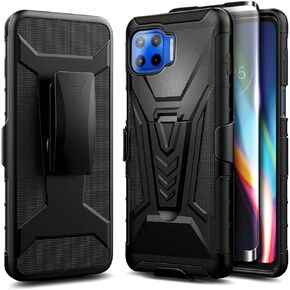 NZND for Motorola One 5G Case, 5G UW/G 5G Plus with Tempered Glass Screen Protector (Maximum Coverage), Belt Clip Holster with Built-in Kickstand, Heavy Duty Protective Phone Case (Black)