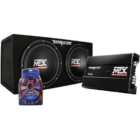 MTX TNP212D2 12 بوصة 1200 واط مضخم صوت السيارة مزدوج التحميل، صندوق فرعي، ومضخم صوت مع QPower Super Flex 4 قياس 3000 واط مجموعة أسلاك مضخم الصوت in Kuwait