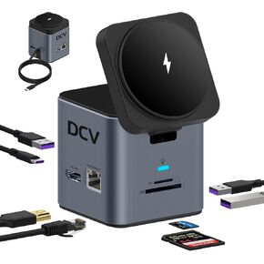 DCV Laptop Docking Station with MagSafe Wireless Charging, 9 in 1 USB C Hub Multiport Adapter with HDMI, 1000Mbps LAN, 3 USB 3.0, SD/TF, USB C Dock Compatible with iPhone 15/Mac/Dell/HP, Dark Gray