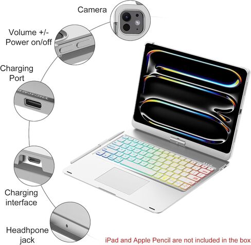 iPad Pro 13 Inch Case 2024 with Keyboard, Magic Keyboard for iPad Pro 13 Trackpad, Touch Keyboard Case for iPad 13 Pro M4, 360 Rotatable and 7 Color Backlit Tablet Pro 13'' Case with Keyboard, Black in Saudi Arabia