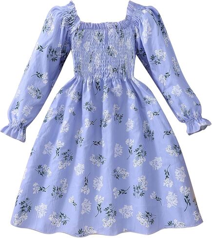 CM-Kid Toddler Girl Ruffle Floral Dress Square Neck Puff Long Sleeve Smocked Princess Party Fall Winter Dress in Saudi Arabia
