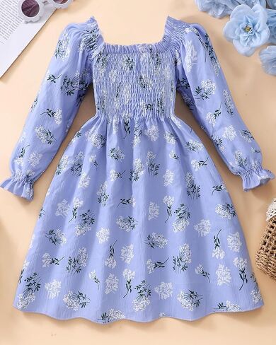 CM-Kid Toddler Girl Ruffle Floral Dress Square Neck Puff Long Sleeve Smocked Princess Party Fall Winter Dress in Saudi Arabia