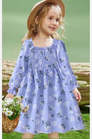 CM-Kid Toddler Girl Ruffle Floral Dress Square Neck Puff Long Sleeve Smocked Princess Party Fall Winter Dress in Saudi Arabia
