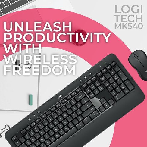 مجموعة لوحة مفاتيح وماوس لاسلكية متقدمة من Logitech MK540 لأجهزة الكمبيوتر المحمول والكمبيوتر الشخصي، متوافقة مع أنظمة Windows وMac، عمر بطارية 3 سنوات، مستقبل بلوتوث موحد USB، ألياف دقيقة GTW - Teclado Inalámbrico in Kuwait