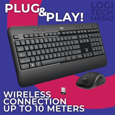 مجموعة لوحة مفاتيح وماوس لاسلكية متقدمة من Logitech MK540 لأجهزة الكمبيوتر المحمول والكمبيوتر الشخصي، متوافقة مع أنظمة Windows وMac، عمر بطارية 3 سنوات، مستقبل بلوتوث موحد USB، ألياف دقيقة GTW - Teclado Inalámbrico in Kuwait