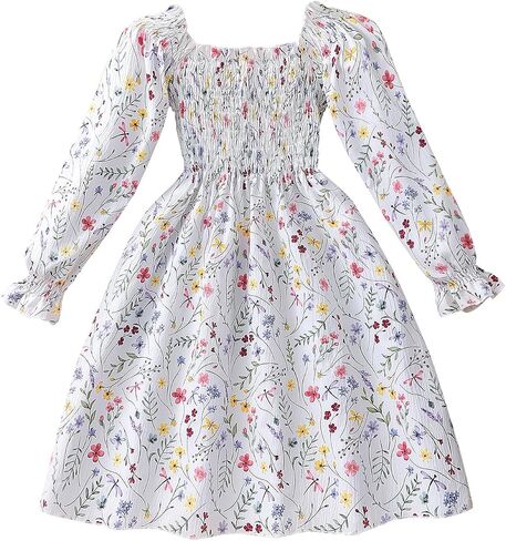 CM-Kid Toddler Girl Ruffle Floral Dress Square Neck Puff Long Sleeve Smocked Princess Party Fall Winter Dress in Saudi Arabia