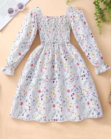 CM-Kid Toddler Girl Ruffle Floral Dress Square Neck Puff Long Sleeve Smocked Princess Party Fall Winter Dress in Saudi Arabia
