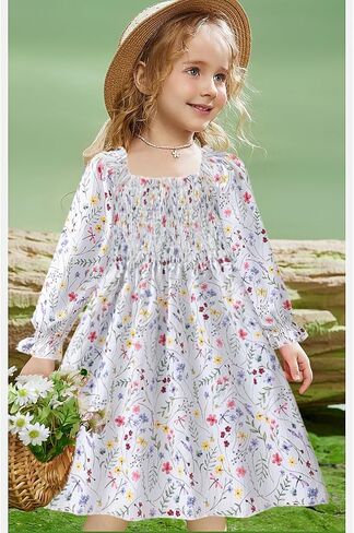 CM-Kid Toddler Girl Ruffle Floral Dress Square Neck Puff Long Sleeve Smocked Princess Party Fall Winter Dress in Saudi Arabia