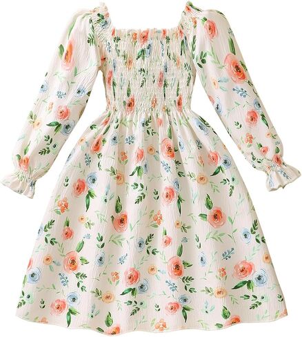 CM-Kid Toddler Girl Ruffle Floral Dress Square Neck Puff Long Sleeve Smocked Princess Party Fall Winter Dress in Saudi Arabia
