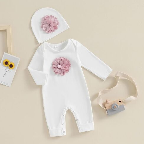 Newborn Baby Girl Summer Clothes Long Sleeve 3D Flower Romper Jumpsuit Hat Infant Coming Home Outfit in Saudi Arabia