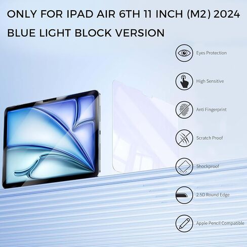 [عبوتان] واقي شاشة مضاد للضوء الأزرق لجهاز iPad Air 6th Gen 11 بوصة M2 2024، واقي شاشة من الزجاج المقوى لجهاز iPad Air11 مع صلابة 9H/خالي من الفقاعات/مضاد للوهج in Kuwait
