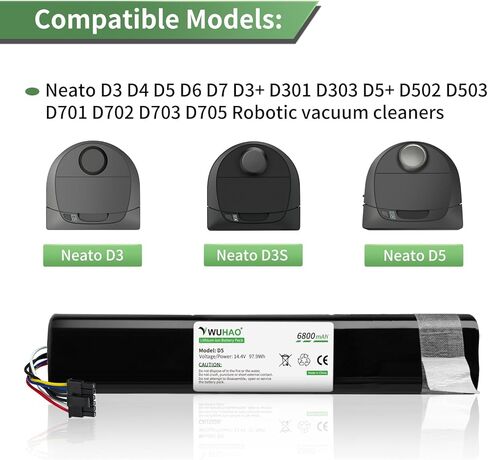 WUHAO for Neato D3 D4 D5 D6 D7 Replacement Battery 14.4V [Upgraded 6800mAh] 945-0225 Compatible with Neato D3+ D301 D303 D5+ D502 D503 D701 D702 D703 D705 Robotic Vacuum Cleaner Battery in Saudi Arabia