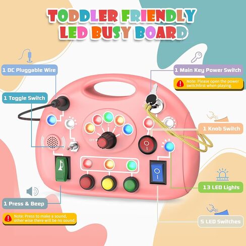 Montessori Busy Board, Busy Board with LED Light for Toddlers 1-3 Year Old, Baby Sensory Board Toddler Travel Toys for Kids Preschool Learning Activities Boys & Girls Birthday (Pink) in Saudi Arabia