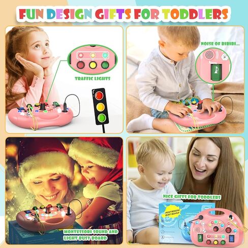 Montessori Busy Board, Busy Board with LED Light for Toddlers 1-3 Year Old, Baby Sensory Board Toddler Travel Toys for Kids Preschool Learning Activities Boys & Girls Birthday (Pink) in Saudi Arabia
