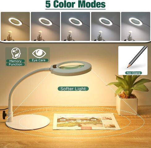 عدسة مكبرة 10X مع ضوء وحامل، 5 أوضاع ألوان، مصباح مكتبي مكبر مرن قابل للتعتيم بدون خطوات، عدسة مكبرة بإضاءة LED بدون استخدام اليدين للعمل عن قرب وهواية القراءة والرسم in Kuwait