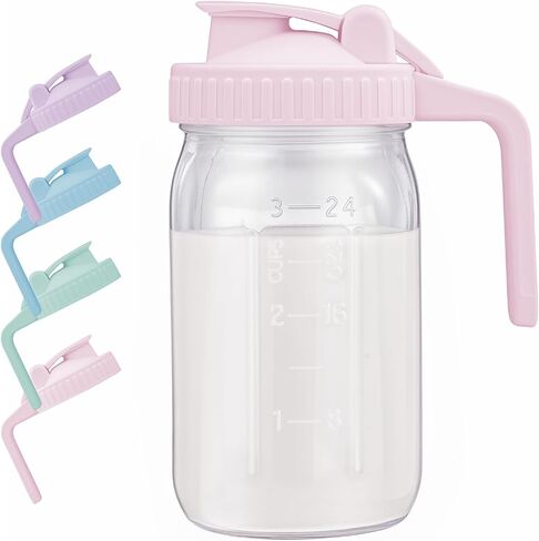 Breast Milk Pitcher with Leak Proof Flip Cap & Pour Spout, 32 oz Wide Mouth Mason Jars for Breast Milk Storage Container, Glass Picther with Lid for Cold Brew Coffee, Sun Tea, Juices, Pink in Saudi Arabia