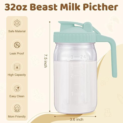 Breast Milk Pitcher with Leak Proof Flip Cap & Pour Spout, 32 oz Wide Mouth Mason Jars for Breast Milk Storage Container, Glass Picther with Lid for Cold Brew Coffee, Sun Tea, Juices, Pink in Saudi Arabia