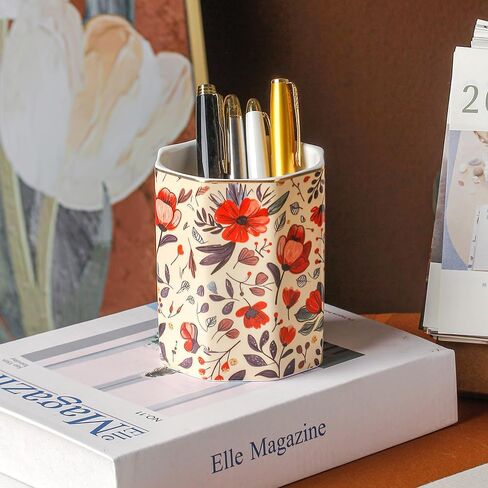Ceramic Pen Holder For Desk Cute Flower Stand Pencil Cup Pot Desk Organizer Makeup Brush Holder for Girls Women (Flower) in Saudi Arabia