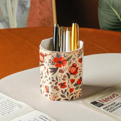 Ceramic Pen Holder For Desk Cute Flower Stand Pencil Cup Pot Desk Organizer Makeup Brush Holder for Girls Women (Flower) in Saudi Arabia