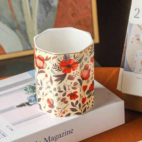 Ceramic Pen Holder For Desk Cute Flower Stand Pencil Cup Pot Desk Organizer Makeup Brush Holder for Girls Women (Flower) in Saudi Arabia