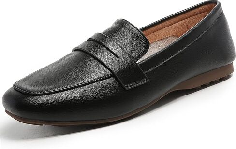 MASIKA Women's Fashionable Loafers, Cowhide Soft Soled Loafers, Square Toe Minimalist Work Shoes, Flat Shoes, and White Penny Loafers. in Saudi Arabia