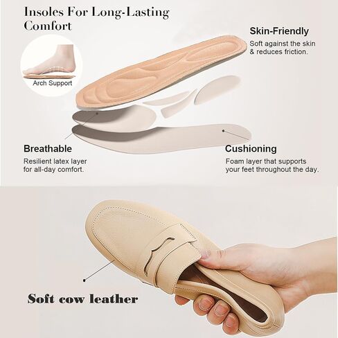 MASIKA Women's Fashionable Loafers, Cowhide Soft Soled Loafers, Square Toe Minimalist Work Shoes, Flat Shoes, and White Penny Loafers. in Saudi Arabia