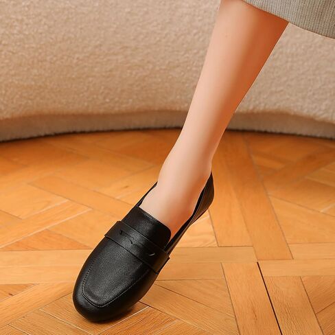 MASIKA Women's Fashionable Loafers, Cowhide Soft Soled Loafers, Square Toe Minimalist Work Shoes, Flat Shoes, and White Penny Loafers. in Saudi Arabia