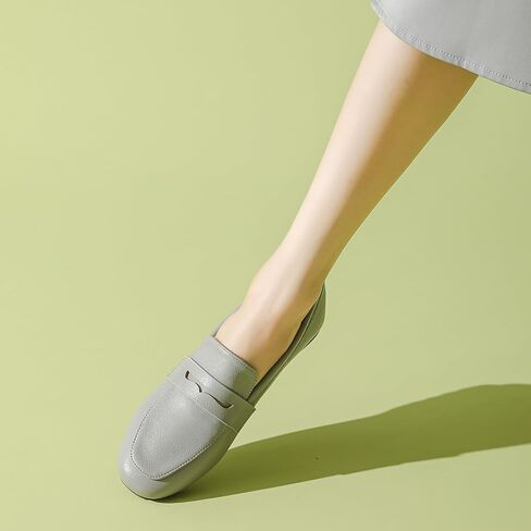MASIKA Women's Fashionable Loafers, Cowhide Soft Soled Loafers, Square Toe Minimalist Work Shoes, Flat Shoes, and White Penny Loafers. in Saudi Arabia