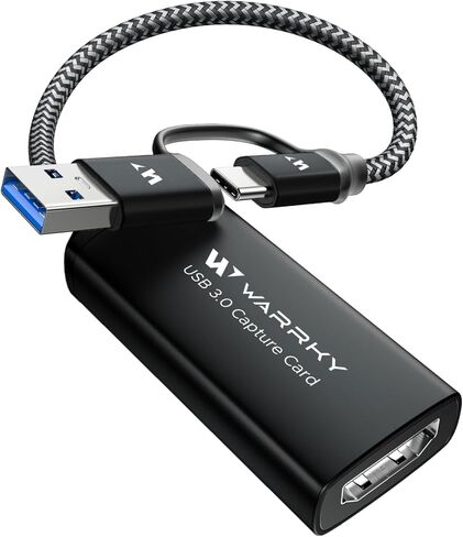 بطاقة التقاط فيديو WARRKY USB 3.0، 1080P 60FPS HDMI إلى النوع C/USB A بطاقة التقاط للتسجيل والبث [كابل مجدول من النايلون، غلاف من الألومنيوم] لأجهزة Windows/MacOS/PC، وSwitch، وXbox، وPS4&5-أسود in Kuwait
