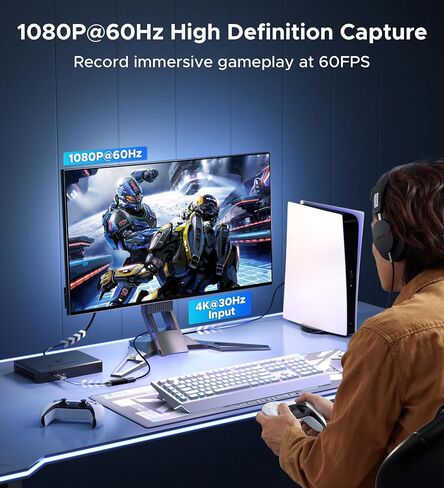بطاقة التقاط فيديو WARRKY USB 3.0، 1080P 60FPS HDMI إلى النوع C/USB A بطاقة التقاط للتسجيل والبث [كابل مجدول من النايلون، غلاف من الألومنيوم] لأجهزة Windows/MacOS/PC، وSwitch، وXbox، وPS4&5-أسود in Kuwait