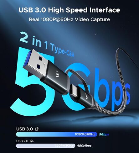 بطاقة التقاط فيديو WARRKY USB 3.0، 1080P 60FPS HDMI إلى النوع C/USB A بطاقة التقاط للتسجيل والبث [كابل مجدول من النايلون، غلاف من الألومنيوم] لأجهزة Windows/MacOS/PC، وSwitch، وXbox، وPS4&5-أسود in Kuwait