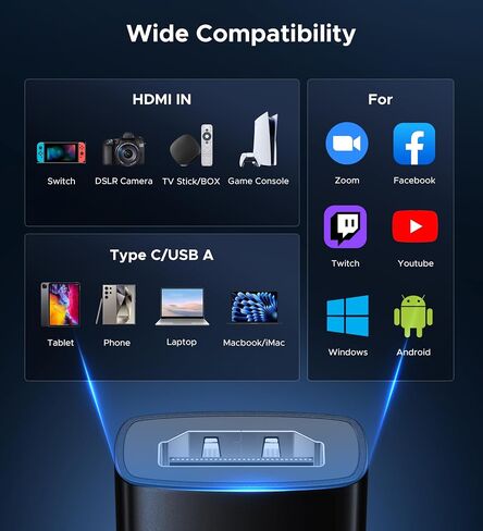بطاقة التقاط فيديو WARRKY USB 3.0، 1080P 60FPS HDMI إلى النوع C/USB A بطاقة التقاط للتسجيل والبث [كابل مجدول من النايلون، غلاف من الألومنيوم] لأجهزة Windows/MacOS/PC، وSwitch، وXbox، وPS4&5-أسود in Kuwait