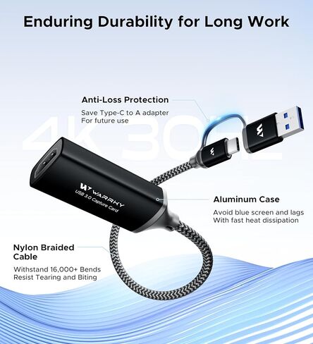 بطاقة التقاط فيديو WARRKY USB 3.0، 1080P 60FPS HDMI إلى النوع C/USB A بطاقة التقاط للتسجيل والبث [كابل مجدول من النايلون، غلاف من الألومنيوم] لأجهزة Windows/MacOS/PC، وSwitch، وXbox، وPS4&5-أسود in Kuwait