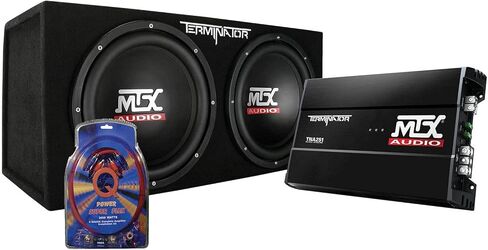 MTX TNP212D2 12 بوصة 1200 واط مضخم صوت السيارة مزدوج التحميل، صندوق فرعي، ومضخم صوت مع QPower Super Flex 4 قياس 3000 واط مجموعة أسلاك مضخم الصوت in Kuwait