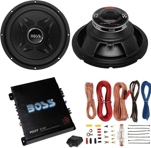 2 Boss CXX12 12-Inch 2000W Car Audio Power Subwoofer Sub and R1100M Monoblock Class A/B Riot Car Audio Amplifier and AKS8 Amplifier Installation Kit in Saudi Arabia