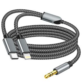 Aux Cable for iPhone, 2 in 1 USB C to 3.5mm Aux Audio Lightning to 3.5mm Audio Cable Fit with iPhone 15/14/13/12/11/XR, Galaxy S23/S22/S21, Pixel 8/7/6/5, iPad to Car Stereo Speaker 4FT