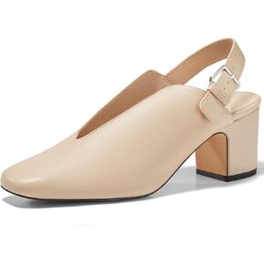 Coutgo Womens Chunky Block Slingback Heels Closed Square Toe V Cut Metal Buckle Comfortable Office Dress Pumps Shoes