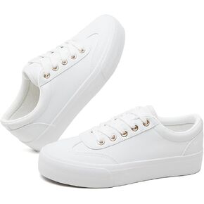 TUOPIN Women's Platform Sneakers,White PU Leather Sneaker for Women Fashion Casual Tennis Shoes,Black Lace up Platform Walking for Women