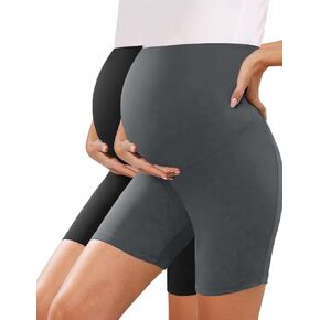 KIM S Black Maternity Biker Shorts Gray High Waist Over The Belly Yoga Sports Activewear Lounge Clothes (Black+Melanite 8" S)