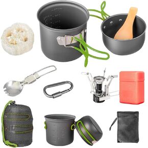 Camping Cookware Set Portable Camp Stove with Lightweight Pots and Pans Set Non-Stick Backpacking Cooking Set Camping Mess Kit with Folding Fork for Outdoor Hiking Picnic