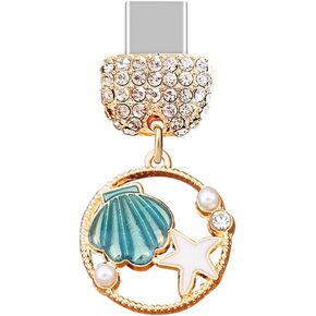 ELISE & FONDA TP270 Type-C USB Charging Port Crystal Anti Dust Plug Seashell Starfish Garland Cell Phone Charm for Samsung/Huawei/OnePlus/Xiaomi/oppo Android Phones (Green)