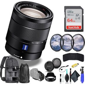 Sony Vario-Tessar T E 16-70mm f/4 ZA OSS Lens SEL1670Z, Filter Kit, Backpack, 64GB Card, Card Reader, Flex Tripod, Memory Card Wallet, Cap Keeper, Cleaning Kit, Hand Strap, and More
