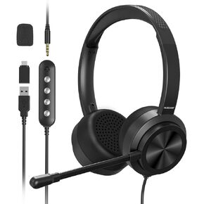 AUSDOM USB Computer Headset with Microphone: On-Ear 3.5mm Wired Headset with Noise Cancelling Mic & in-line Controls, USB-A/USB-C for Home Office Online Class Skype Team Zoom Meetings PC Laptop Phone